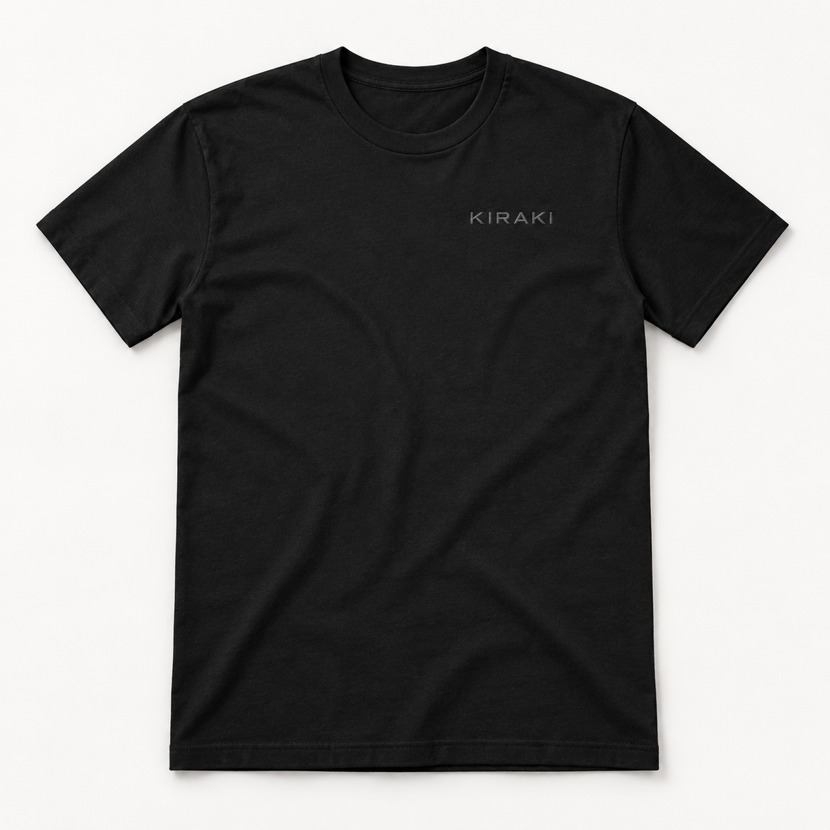 Kiraki Performance 01 black training T-shirt, front studio view with tonal grey KIRAKI chest wordmark