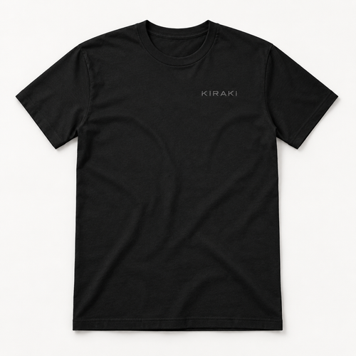 Kiraki Performance 01 black training T-shirt, front studio view with tonal grey KIRAKI chest wordmark