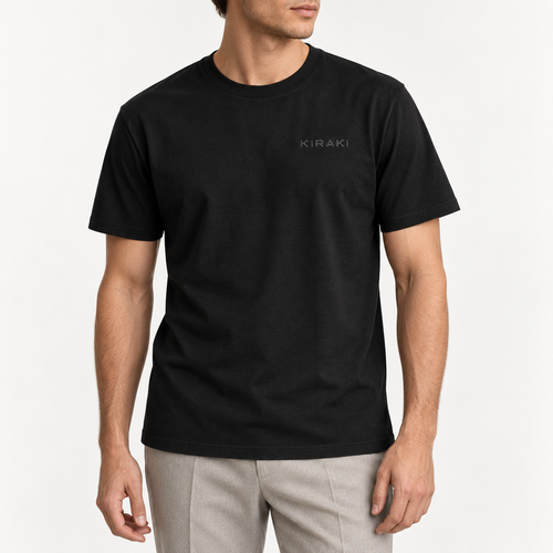Kiraki Performance 01 black T-shirt worn with stone trousers, front view