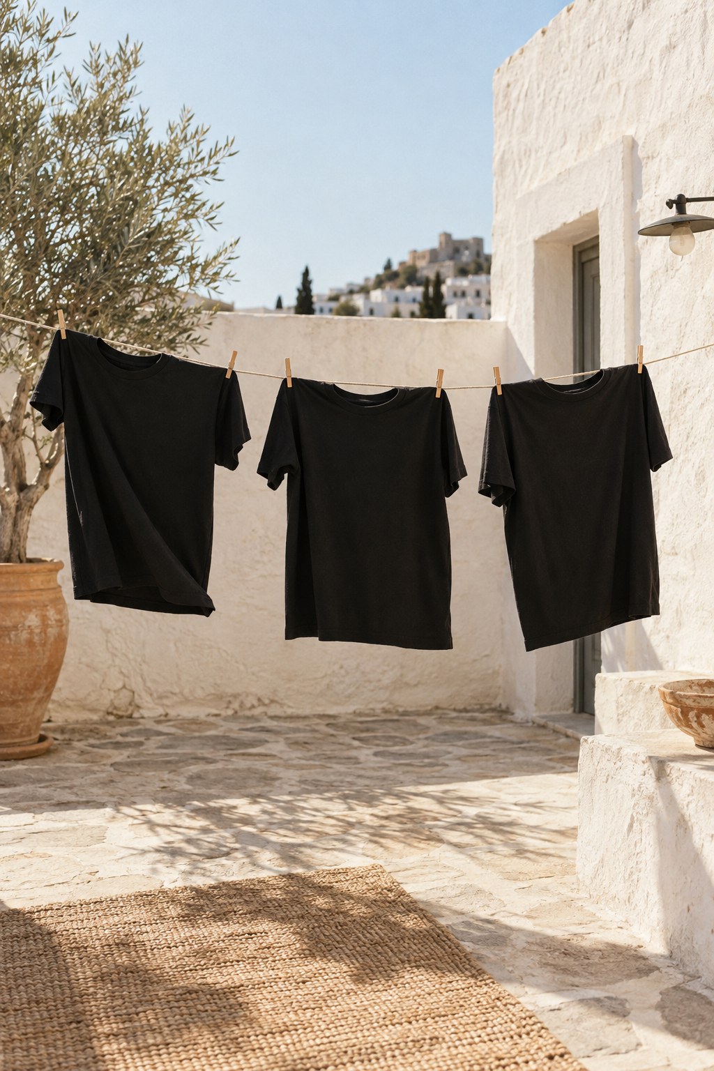 Three black t-shirts drying on a line in a whitewashed courtyard in the morning sun