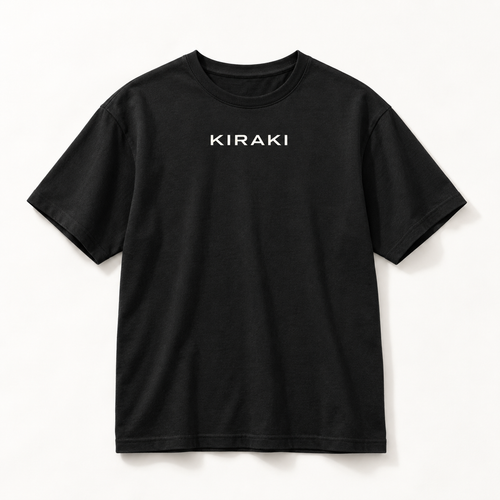 Kiraki Essential 01 black relaxed T-shirt, front studio view with ivory KIRAKI chest print