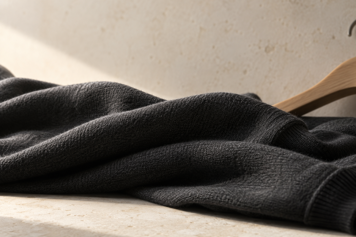 Editorial close-up of dark jersey fabric folded on a warm limestone surface.