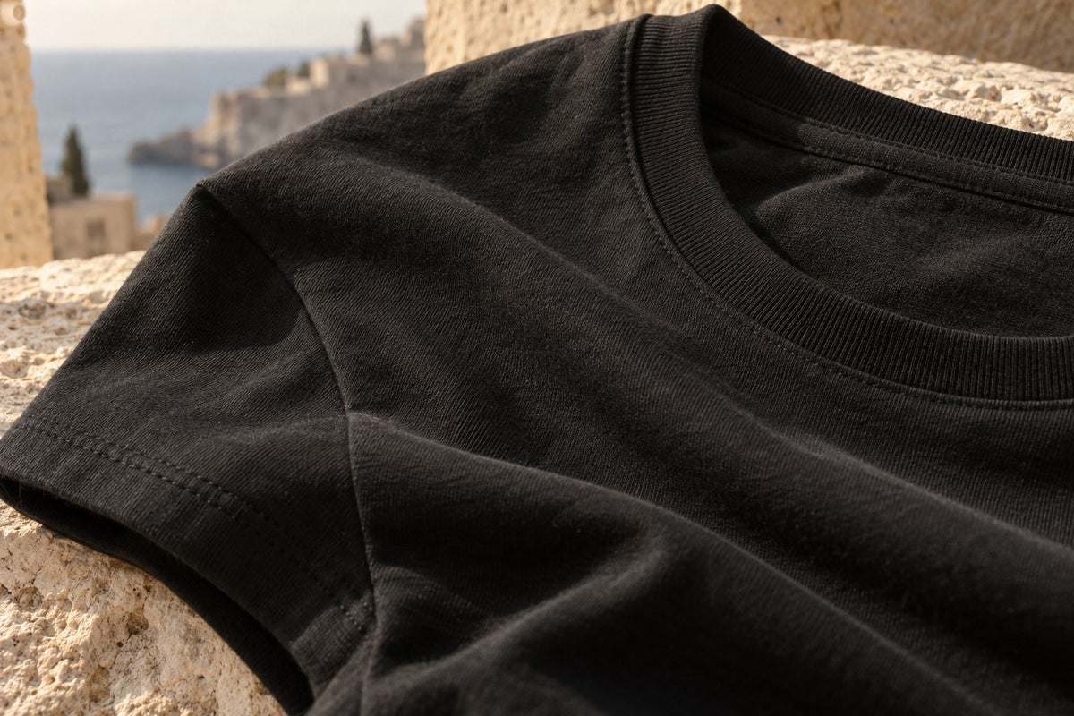 Close-up of fine black cotton jersey and a ribbed crew neck resting on limestone