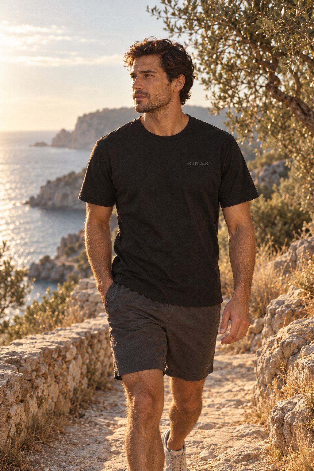 Man walking a coastal path at golden hour wearing the black KIRAKI Performance 01 tee