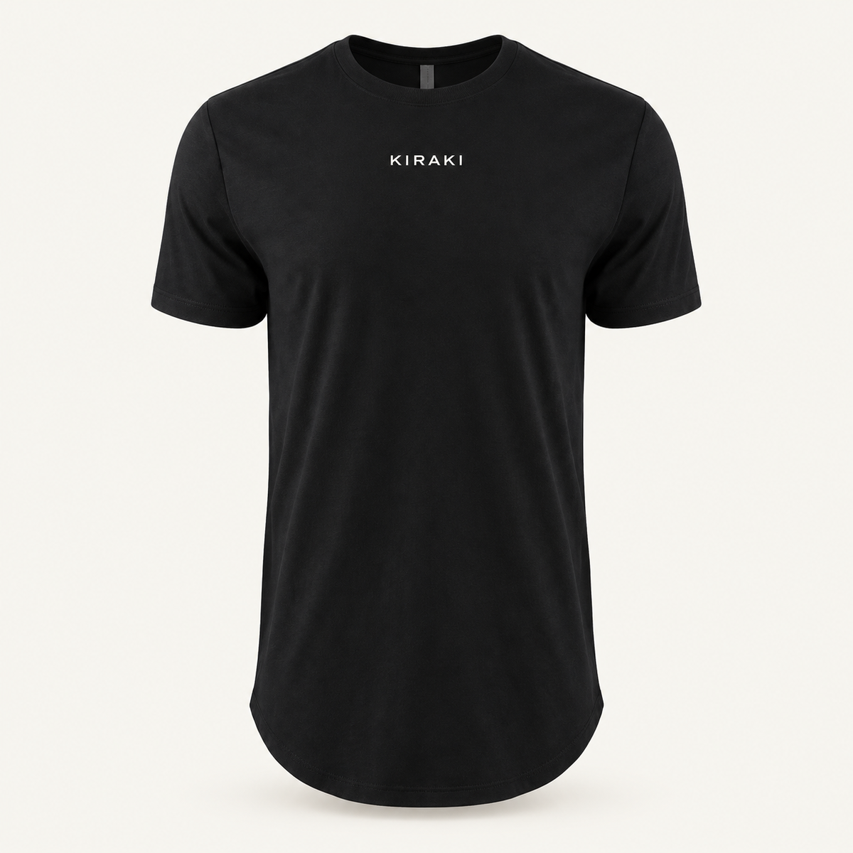 Kiraki Sleep 01 black long-body T-shirt, front studio view with KIRAKI chest wordmark