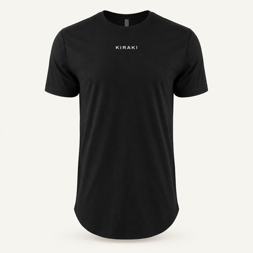 Kiraki Sleep 01 black long-body T-shirt, front studio view with KIRAKI chest wordmark