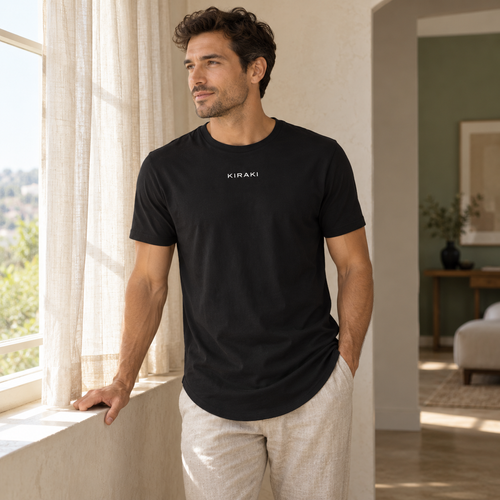 Kiraki Sleep 01 worn with stone lounge trousers in a sunlit room